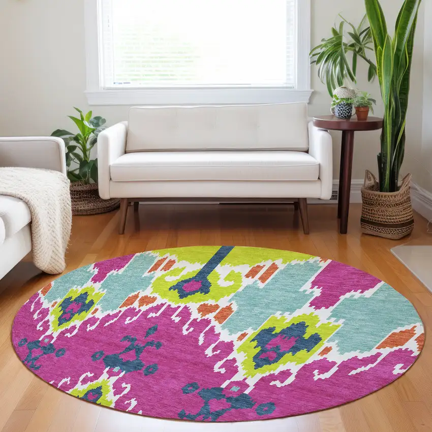 8' Pink Green And Teal Ikat Washable Round Rug With UV Protection Photo 5