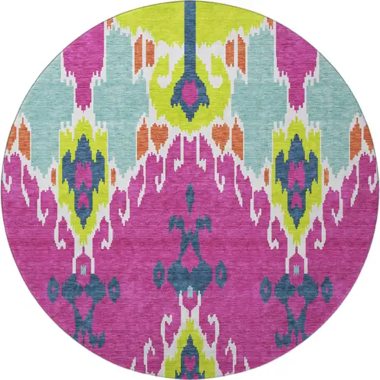 8' Pink Green And Teal Ikat Washable Round Rug With UV Protection Photo 4