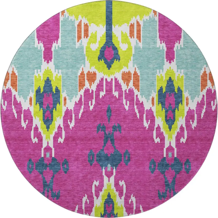 8' Pink Green And Teal Ikat Washable Round Rug With UV Protection Photo 4