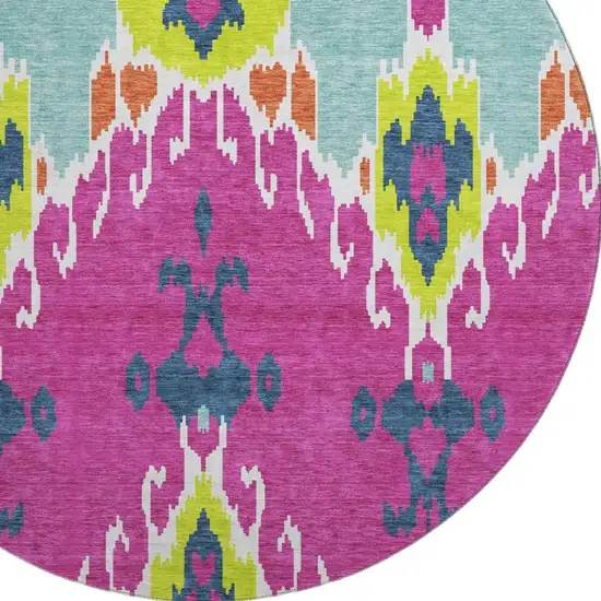 8' Pink Green And Teal Ikat Washable Round Rug With UV Protection Photo 3