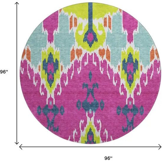 8' Pink Green And Teal Ikat Washable Round Rug With UV Protection Photo 3