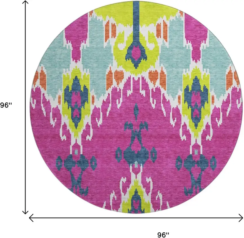8' Pink Green And Teal Ikat Washable Round Rug With UV Protection Photo 3