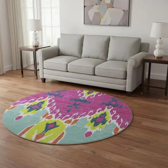 8' Pink Green And Teal Ikat Washable Round Rug With UV Protection Photo 2