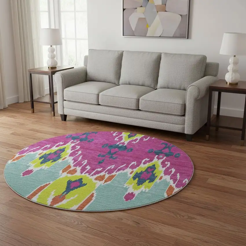 8' Pink Green And Teal Ikat Washable Round Rug With UV Protection Photo 2