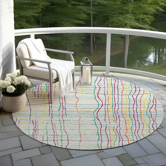 8' Pink Green And Yellow Round Striped Washable Indoor Outdoor Area Rug Photo 7
