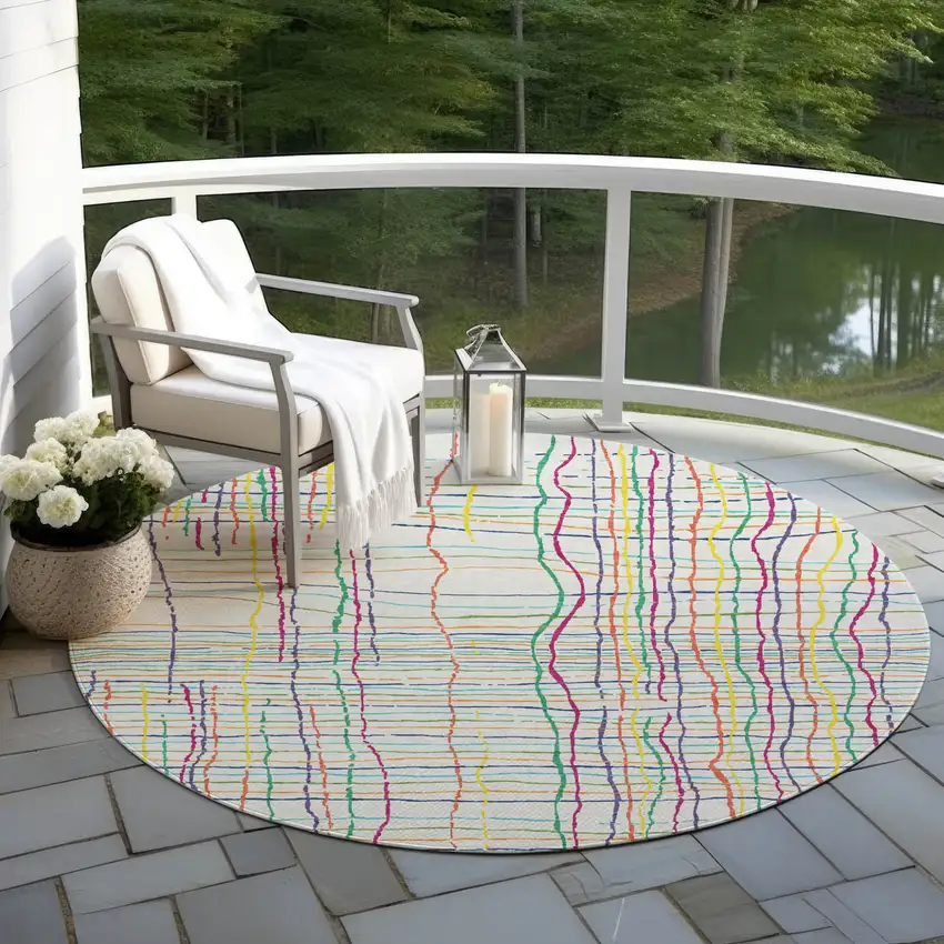 8' Pink Green And Yellow Round Striped Washable Indoor Outdoor Area Rug Photo 7