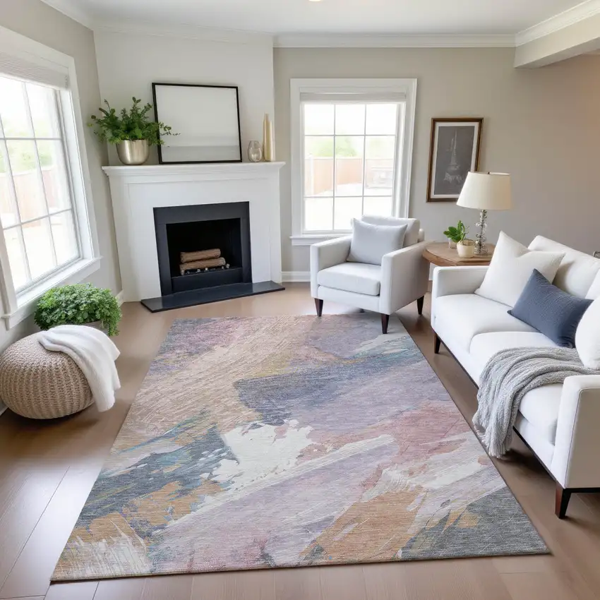 8' Pink Ivory And Beige Abstract Washable Area Rug With UV Protection Photo 2