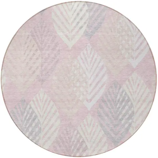 8' Pink Ivory And Beige Round Floral Washable Indoor Outdoor Area Rug Photo 7