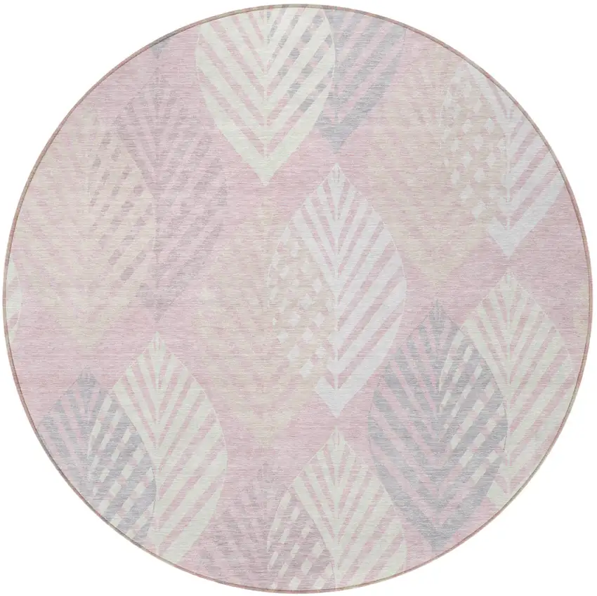 8' Pink Ivory And Beige Round Floral Washable Indoor Outdoor Area Rug Photo 7