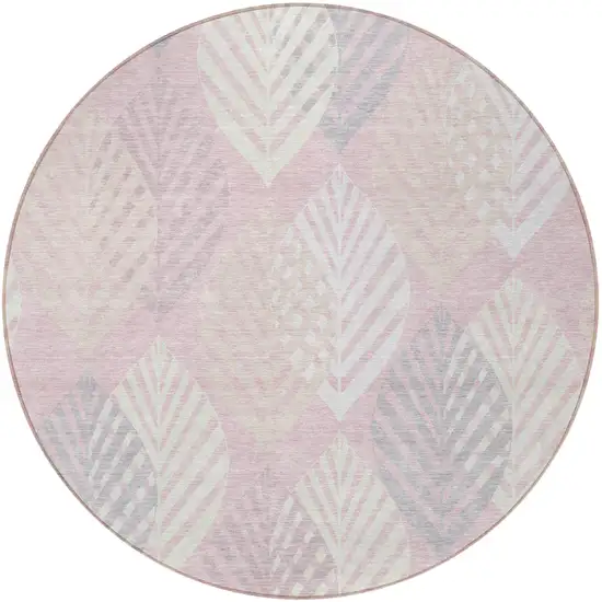 8' Pink Ivory And Beige Round Floral Washable Indoor Outdoor Area Rug Photo 7