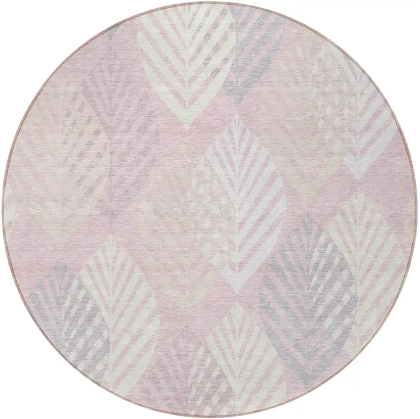 8' Pink Ivory And Beige Round Floral Washable Indoor Outdoor Area Rug Photo 7