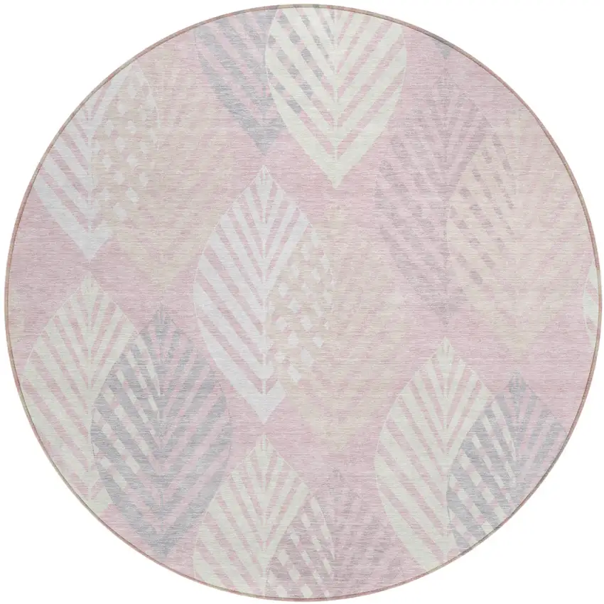 8' Pink Ivory And Beige Round Floral Washable Indoor Outdoor Area Rug Photo 1