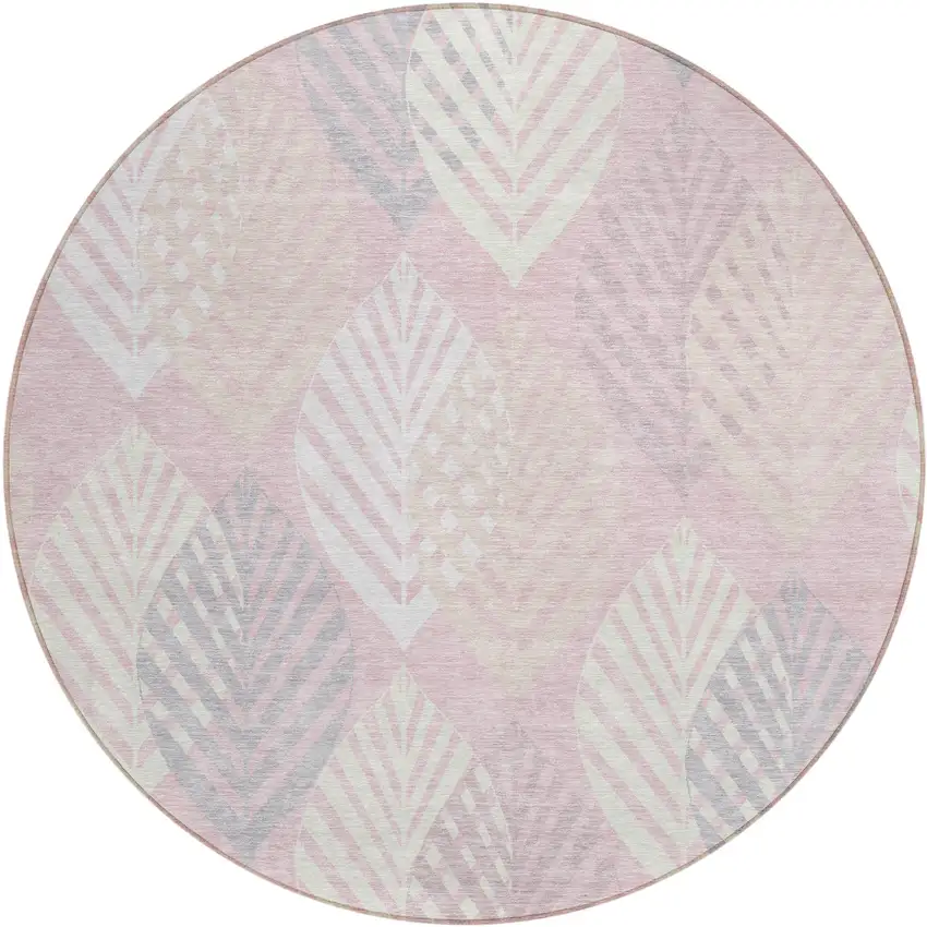 8' Pink Ivory And Beige Round Floral Washable Indoor Outdoor Area Rug Photo 1