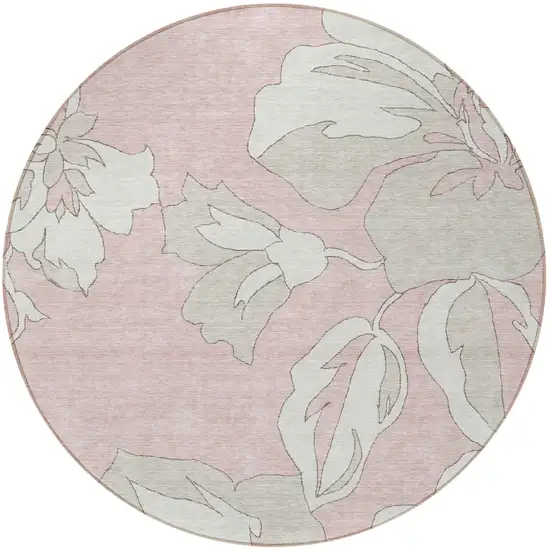 8' Pink Ivory And Beige Round Floral Washable Indoor Outdoor Area Rug Photo 6