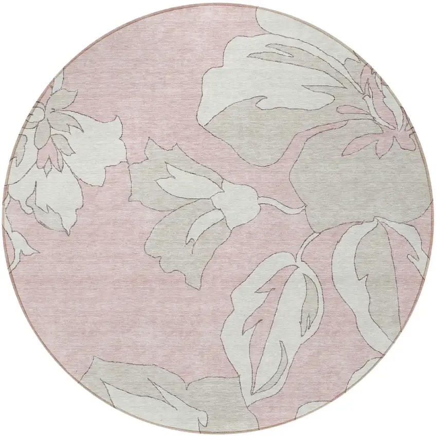 8' Pink Ivory And Beige Round Floral Washable Indoor Outdoor Area Rug Photo 6