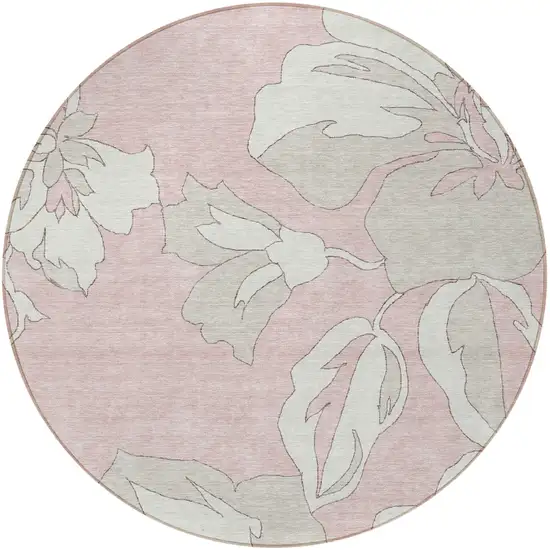 8' Pink Ivory And Beige Round Floral Washable Indoor Outdoor Area Rug Photo 6