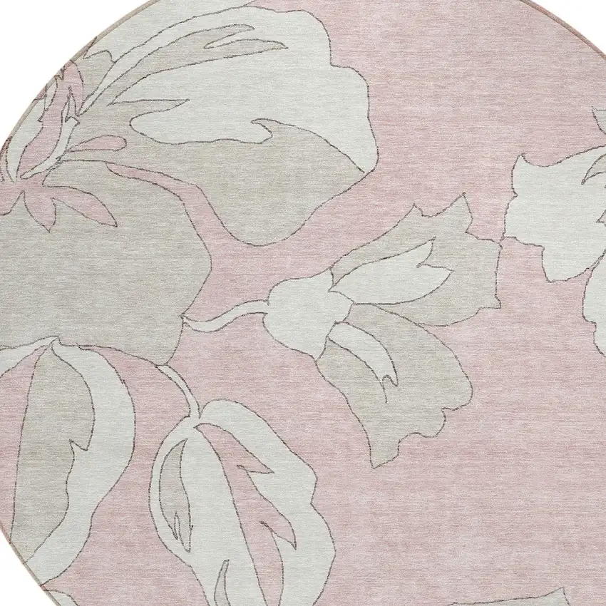 8' Pink Ivory And Beige Round Floral Washable Indoor Outdoor Area Rug Photo 5