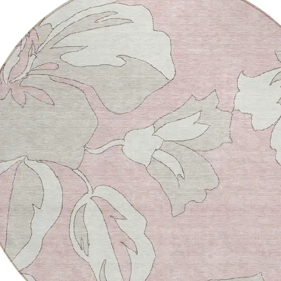 8' Pink Ivory And Beige Round Floral Washable Indoor Outdoor Area Rug Photo 5