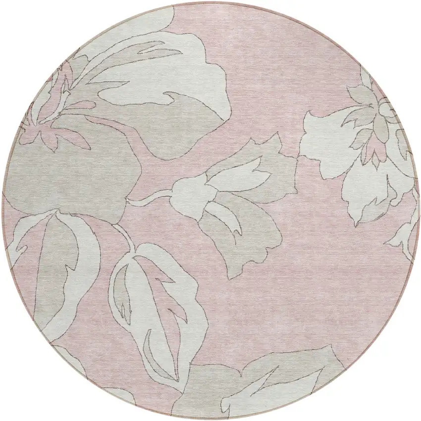 8' Pink Ivory And Beige Round Floral Washable Indoor Outdoor Area Rug Photo 2