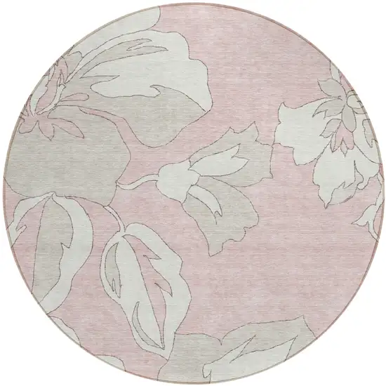 8' Pink Ivory And Beige Round Floral Washable Indoor Outdoor Area Rug Photo 2