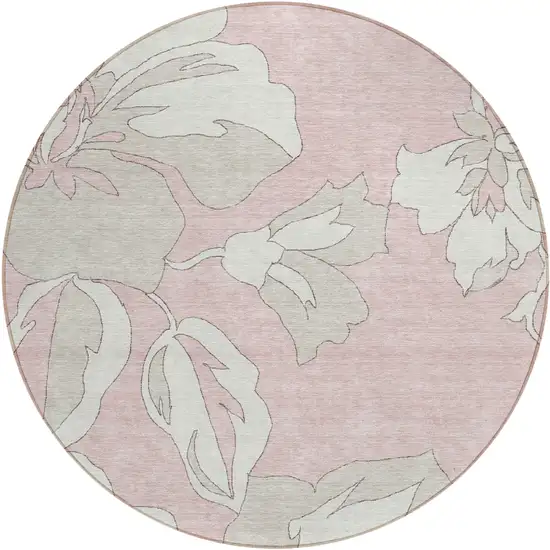 8' Pink Ivory And Beige Round Floral Washable Indoor Outdoor Area Rug Photo 2