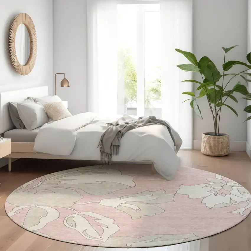 8' Pink Ivory And Beige Round Floral Washable Indoor Outdoor Area Rug Photo 8
