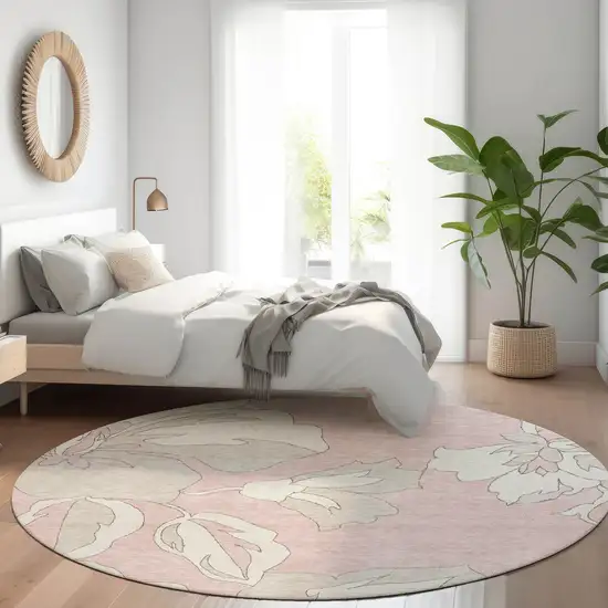 8' Pink Ivory And Beige Round Floral Washable Indoor Outdoor Area Rug Photo 8