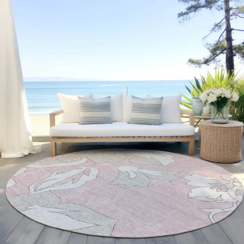 8' Pink Ivory And Beige Round Floral Washable Indoor Outdoor Area Rug Photo 7
