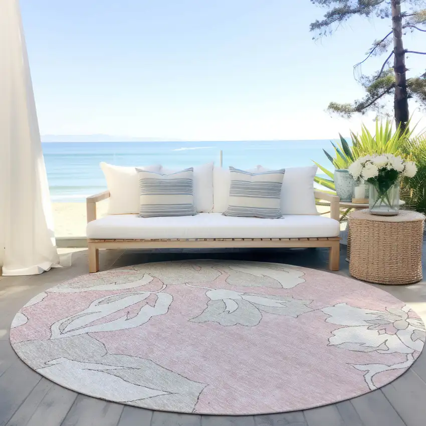 8' Pink Ivory And Beige Round Floral Washable Indoor Outdoor Area Rug Photo 7