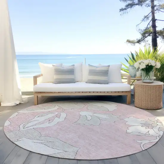 8' Pink Ivory And Beige Round Floral Washable Indoor Outdoor Area Rug Photo 7