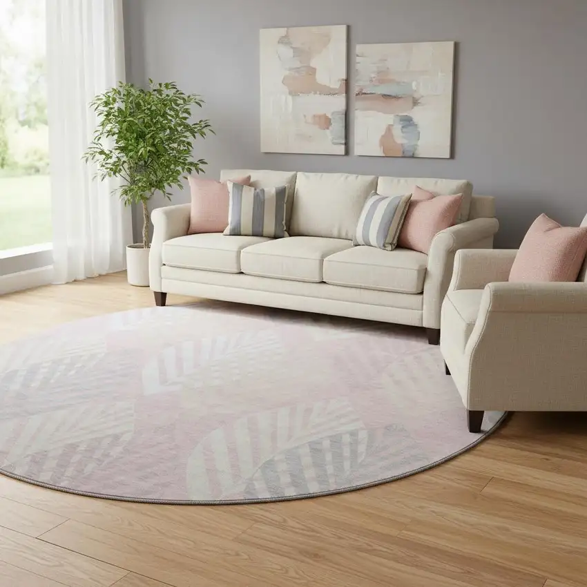 8' Pink Ivory And Blue Floral Washable Round Rug With UV Protection Photo 1