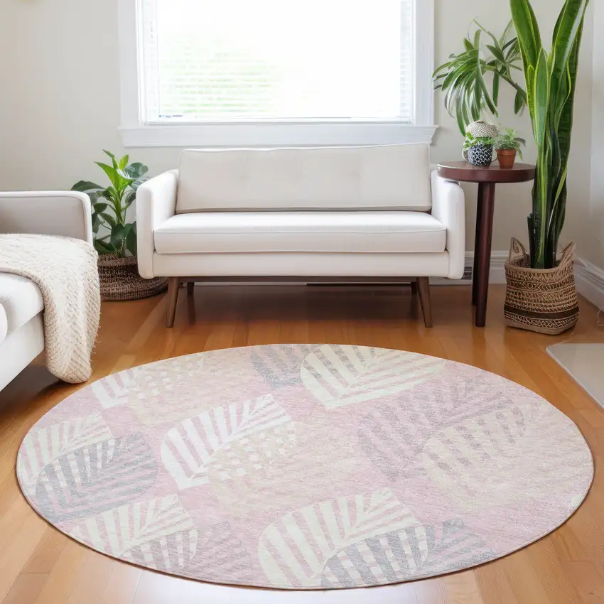 8' Pink Ivory And Blue Floral Washable Round Rug With UV Protection Photo 5