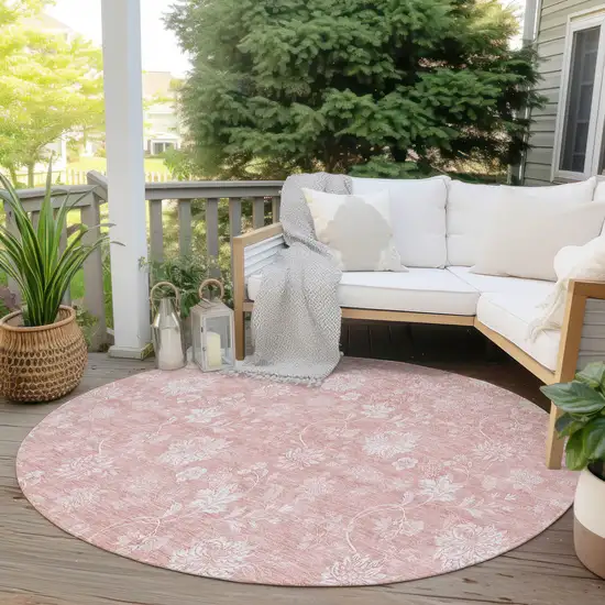 8' Pink Ivory And Blush Round Floral Washable Indoor Outdoor Area Rug Photo 6