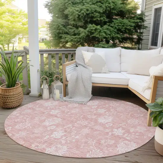 8' Pink Ivory And Blush Round Floral Washable Indoor Outdoor Area Rug Photo 6