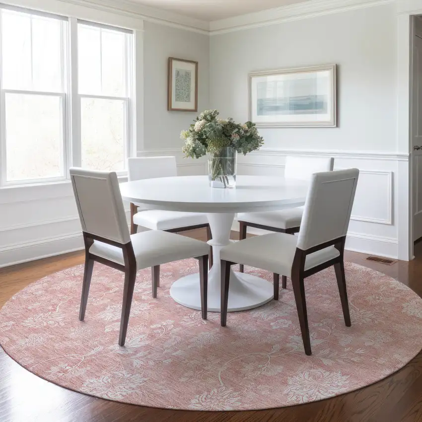 8' Pink Ivory And Blush Round Floral Washable Indoor Outdoor Area Rug Photo 7