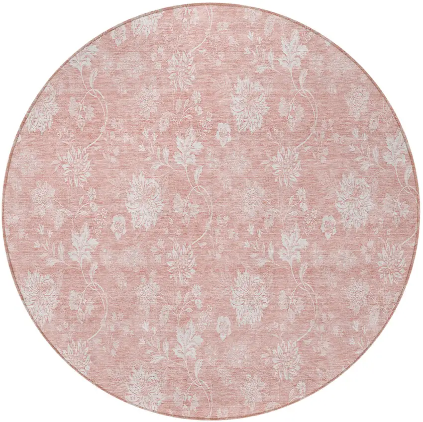 8' Pink Ivory And Blush Round Floral Washable Indoor Outdoor Area Rug Photo 5