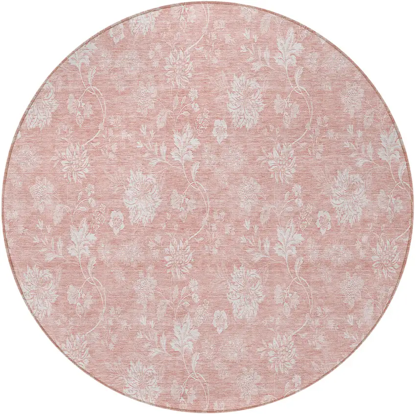 8' Pink Ivory And Blush Round Floral Washable Indoor Outdoor Area Rug Photo 5