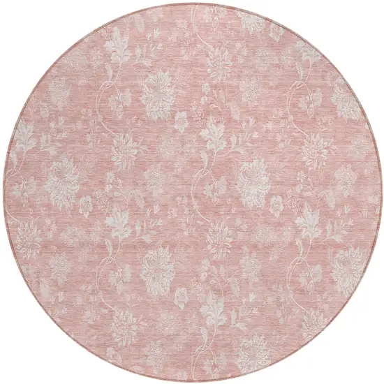 8' Pink Ivory And Blush Round Floral Washable Indoor Outdoor Area Rug Photo 2