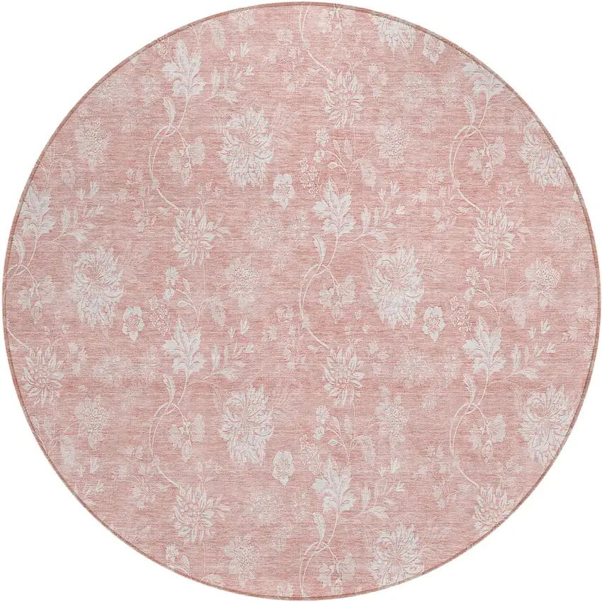 8' Pink Ivory And Blush Round Floral Washable Indoor Outdoor Area Rug Photo 2