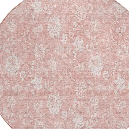 8' Pink Ivory And Blush Round Floral Washable Indoor Outdoor Area Rug Photo 4