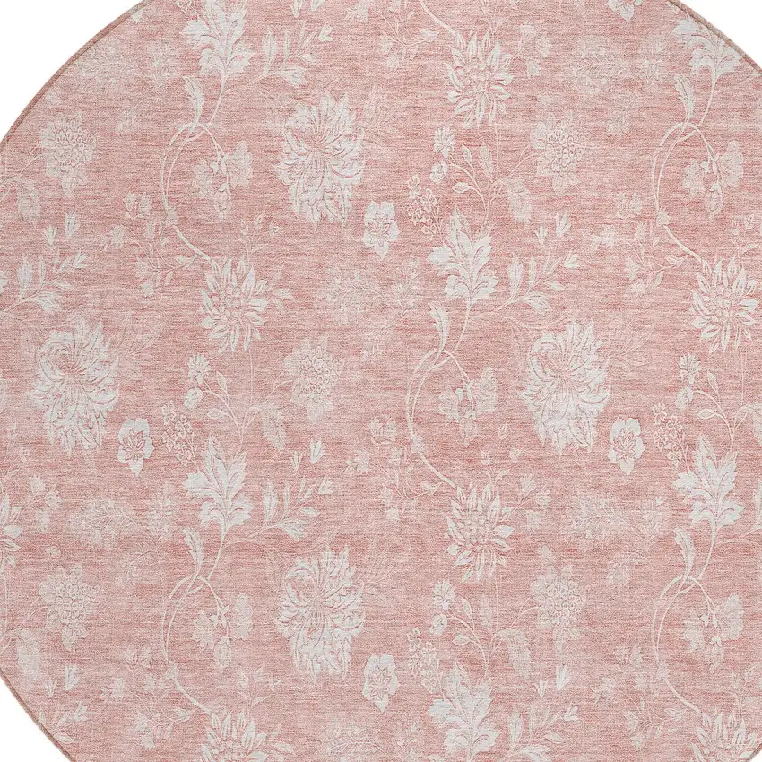 8' Pink Ivory And Blush Round Floral Washable Indoor Outdoor Area Rug Photo 4
