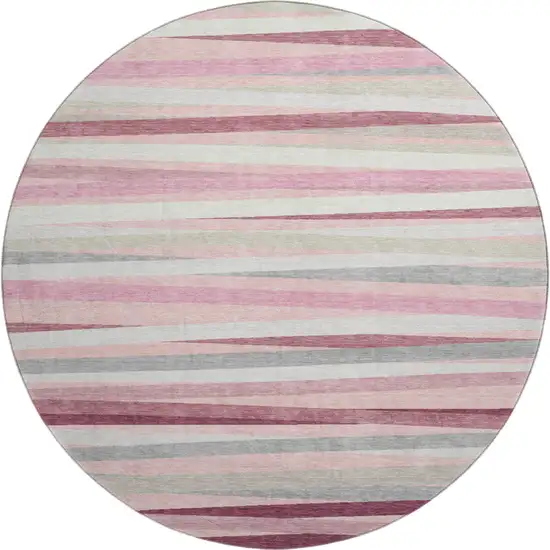 8' Pink Ivory And Blush Striped Washable Round Rug With UV Protection Photo 1