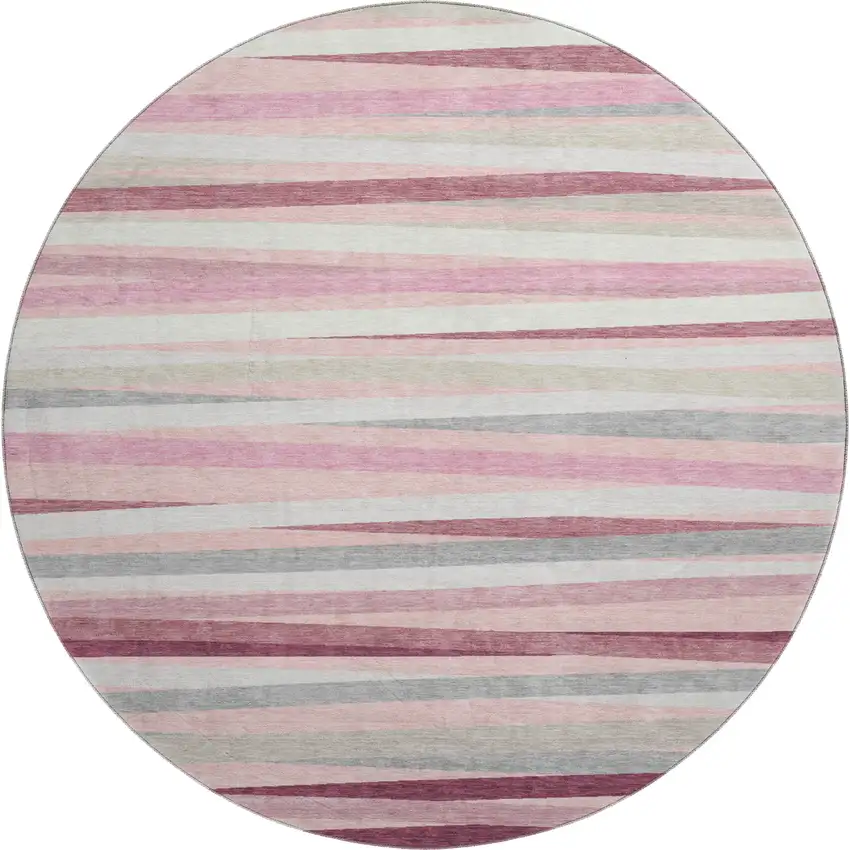 8' Pink Ivory And Blush Striped Washable Round Rug With UV Protection Photo 1