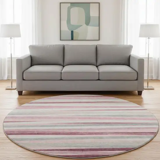 8' Pink Ivory And Blush Striped Washable Round Rug With UV Protection Photo 2