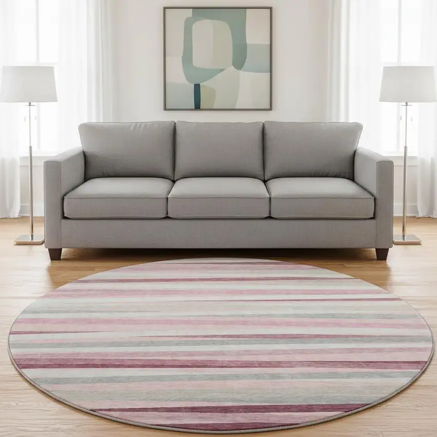 8' Pink Ivory And Blush Striped Washable Round Rug With UV Protection Photo 2