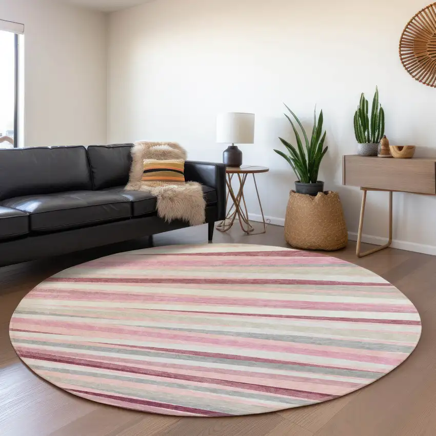 8' Pink Ivory And Blush Striped Washable Round Rug With UV Protection Photo 4