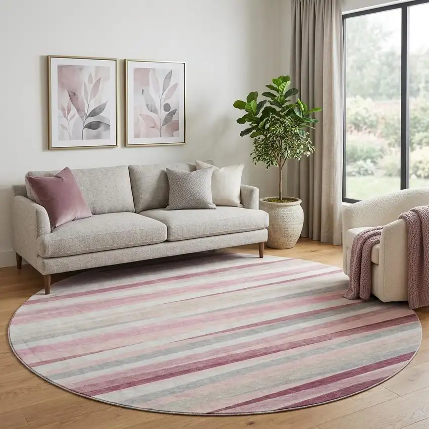 8' Pink Ivory And Blush Striped Washable Round Rug With UV Protection Photo 1