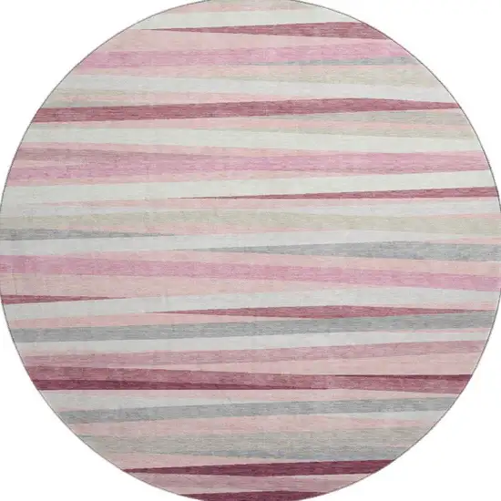 8' Pink Ivory And Blush Striped Washable Round Rug With UV Protection Photo 3