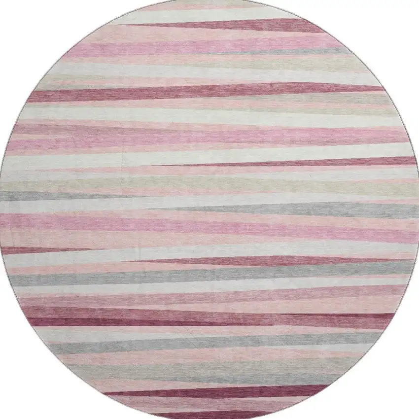 8' Pink Ivory And Blush Striped Washable Round Rug With UV Protection Photo 3