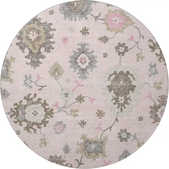 8' Pink Ivory And Brown Floral Medallion Washable Round Rug With UV Protection Photo 3
